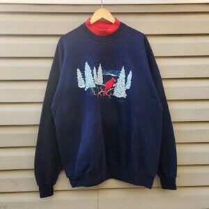 Vintage 90's Cardinal Bird Winter Blue Snowflakes Sweater Unisex Made in USA